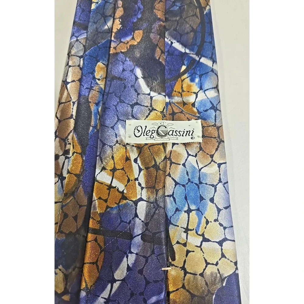 Oleg Cassini Blue Gold Abstract Floral Men's Tie Made USA